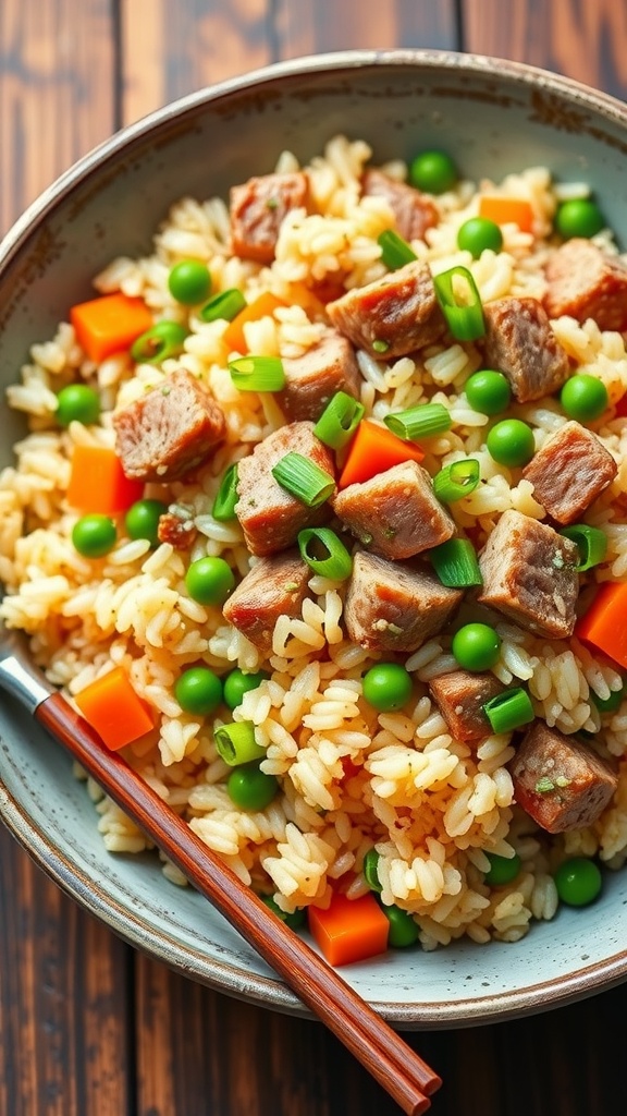 A plate of pork fried rice with vegetables and green onions on top, served with chopsticks.